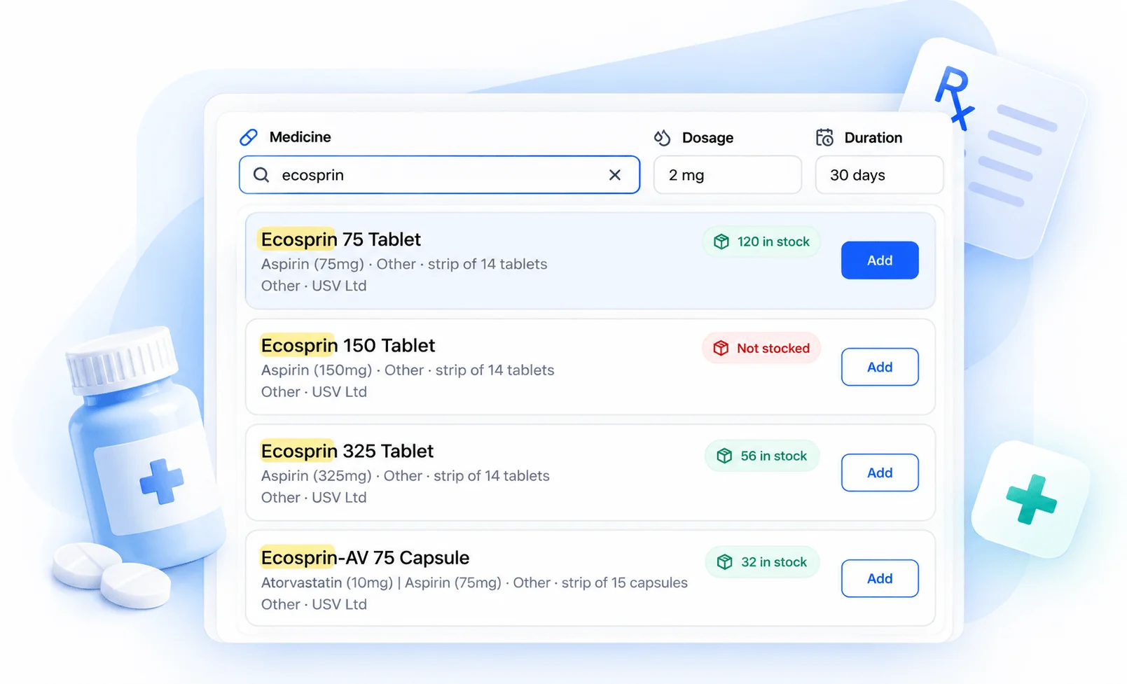 Smart medicine search — find medicines by name, brand, or composition and add them to a prescription