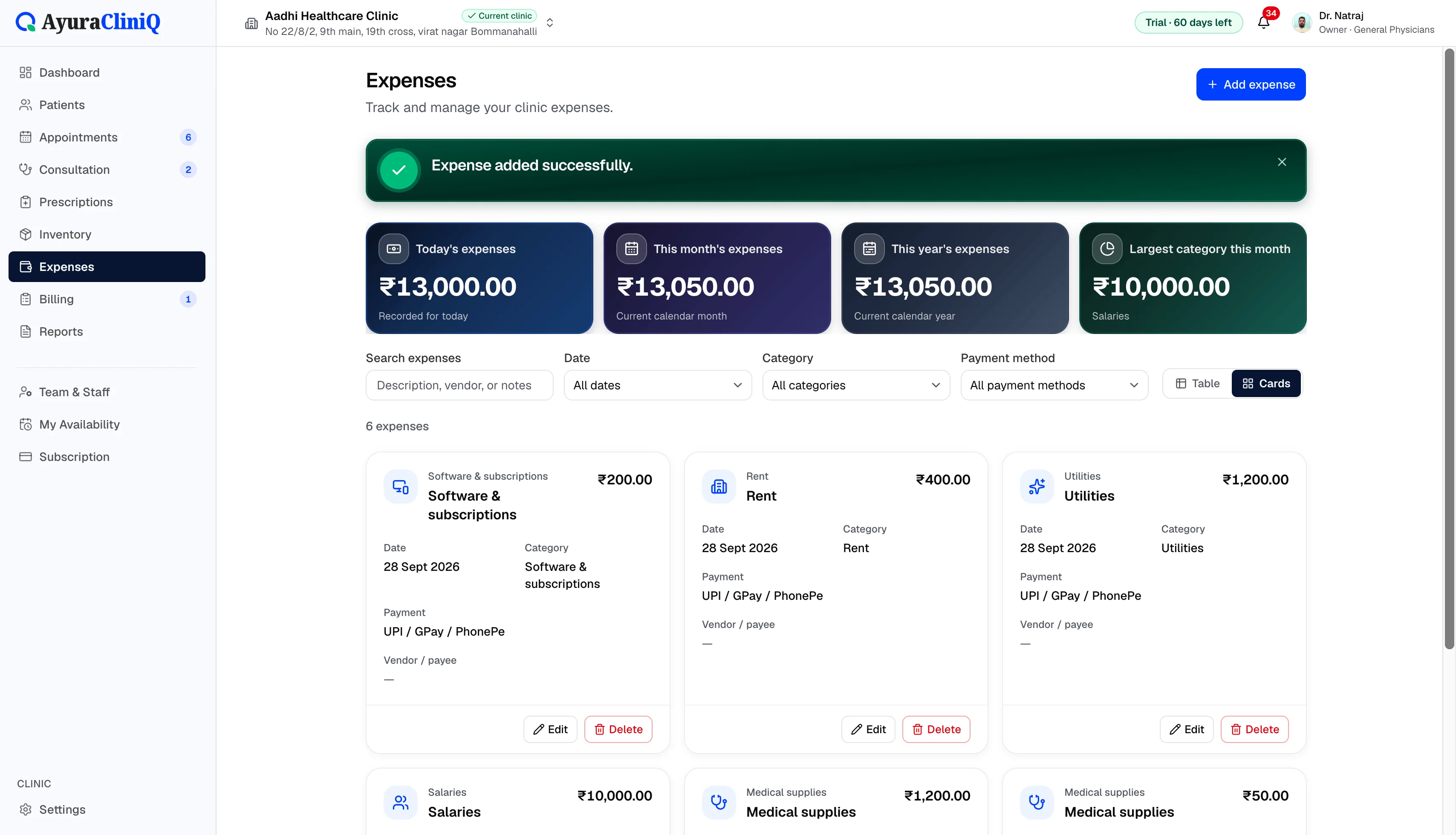 AyuraCliniQ expenses on desktop — clinic expense tracking, categories, and overview